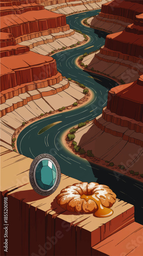 Fantasy desert canyon river with glowing turquoise gem and honey glazed pastry on cliff edge, colorful scenic illustration