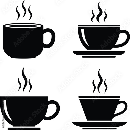 Four black coffee cups with steam rising from them on a white background