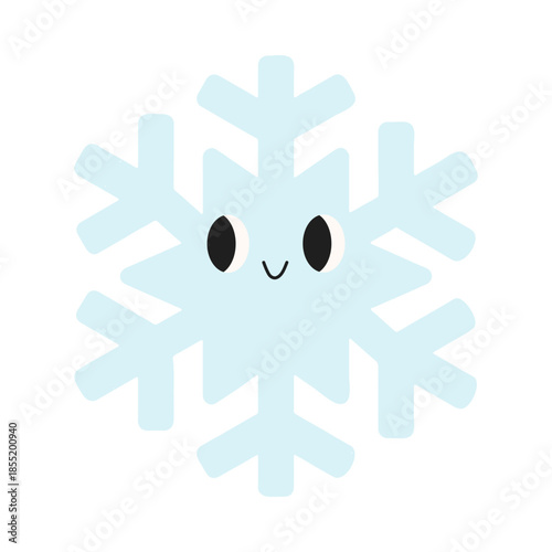 Cute flat snowflake character with smiling face. Simple winter icon in minimal hand drawn style. Perfect for seasonal design, holiday decoration and children illustration.