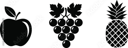 A black and white of an apple a bunch of grapes and a pineapple with leaves and stems