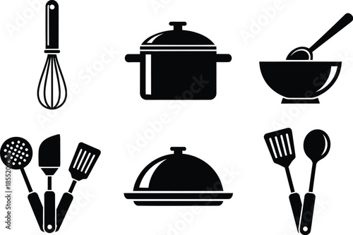 Black and white kitchen utensils and cookware including a whisk, pot, bowl, ladle