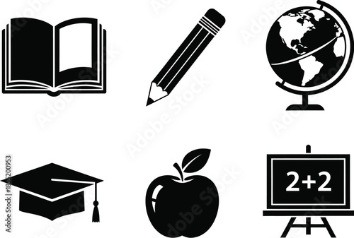 Set of black and white educational including a book, pencil, globe, graduation cap, apple