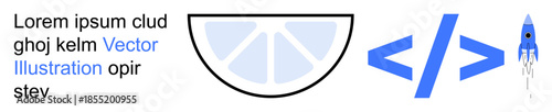 Technology innovation, web development, coding, creativity, modern designs, and digital startups. Lemon slice, coding brackets and blue rocket icon . Technology innovation and web development focus