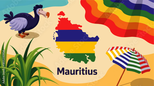 Colorful Mauritius travel illustration with dodo bird, island map in national flag colors, tropical beach umbrella and sugarcane