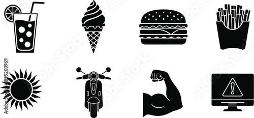 Black and white of various including a drink, ice cream, burger, fries, sun, motorcycle