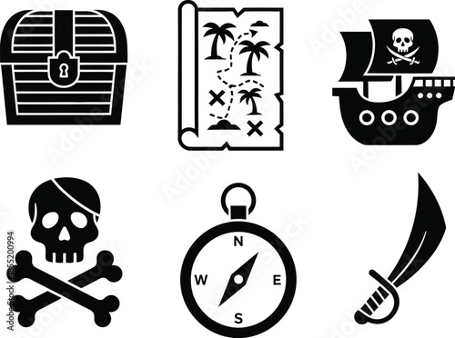 Black and white pirate-themed including a treasure chest, map, pirate ship, skull