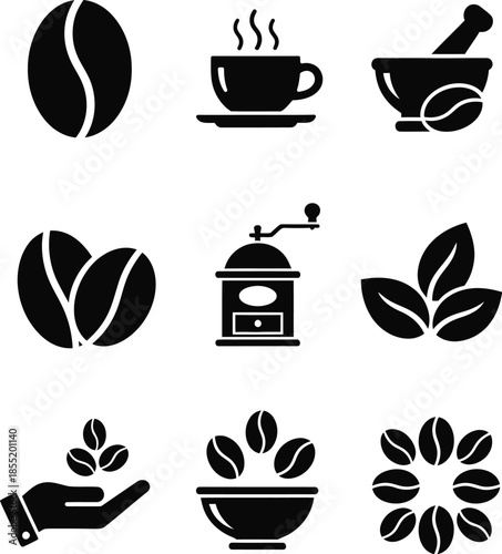 Set of coffee related including coffee beans a coffee cup a mortar and pestle coffee leaves and a