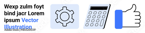 Gear, calculator, and thumbs-up icons. Ideal for education, technology, business, finance, approval workflow and projects. Perfect for simple landing page