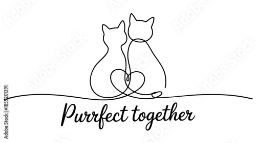 Minimalist line art cats with heart tails and romantic quote Purrfect Together, cute black outline feline couple illustration