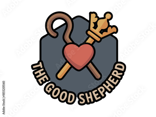 The Good Shepherd logo with heart, crown and staff, Christian ministry badge, modern flat church emblem on dark background