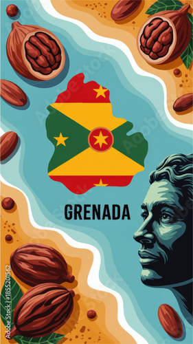 Grenada travel poster with national flag map, nutmeg cocoa pods, tropical beach and ocean, Caribbean culture vector illustration