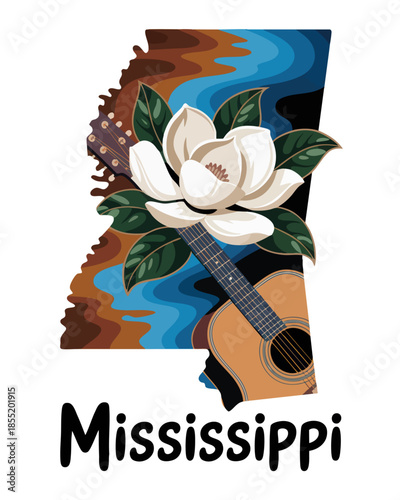 Mississippi state illustration with magnolia flower and acoustic guitar, colorful river landscape art, southern music travel poster design