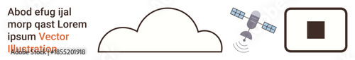 Cloud computing, data transfer, network connectivity, technology, global communication, satellite operations. A cloud outline, satellite emitting signal and a square symbol. Cloud computing and data