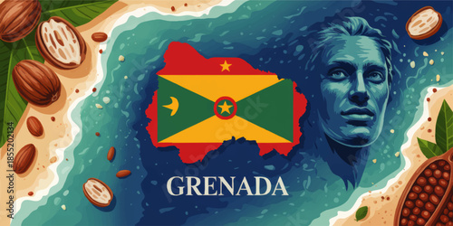 Grenada travel poster with national flag map, nutmeg and cocoa beach, tropical Caribbean sea and heroic blue male face illustration
