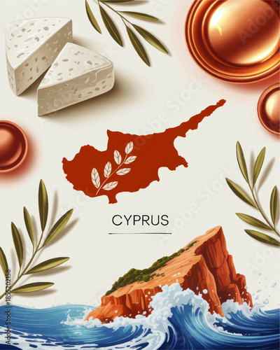 Cyprus travel poster with island map, rocky sea coast, halloumi cheese, olive branches and traditional Mediterranean food art