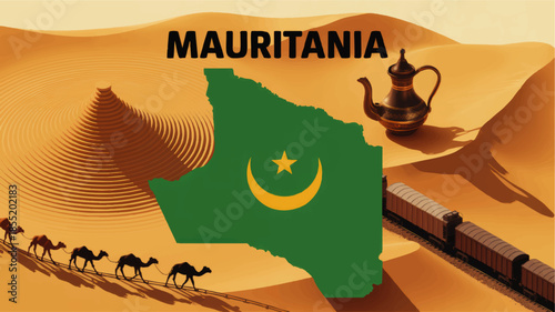 Mauritania desert travel illustration with map flag silhouette, camel caravan, iron ore train and traditional Arabic coffee pot