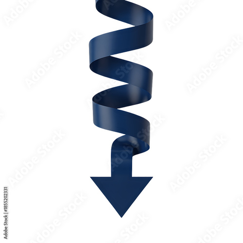 A dark blue spiral arrow isolated on transparent background pointing downwards in a 3d illustration