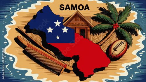 Colorful Samoa island map illustration with national flag, traditional fale, palm tree, rugby ball and Polynesian cultural symbols on tropical beach