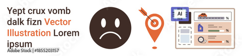 Emotional expression, geolocation services, AI innovation, data analysis, user experience, and digital interface concepts. Sad face, location pin with arrow AI chip and data dashboard. Emotional
