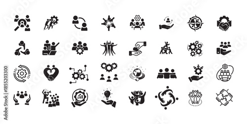 Teamwork and Collaboration solid unity icon set. Contains symbols for business partnership, strategy, success, management. Flat vector design for corporate presentations, workflow, Community Support