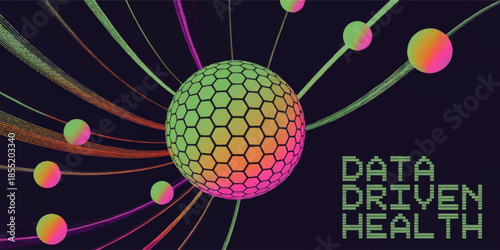 Futuristic data driven health technology concept with neon hexagon sphere, medical innovation network and digital healthcare analytics