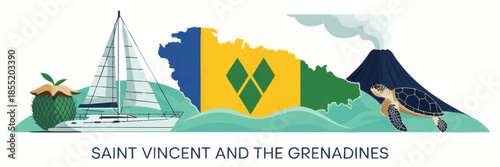 Saint Vincent and the Grenadines travel illustration with island map flag sailboat volcano sea turtle tropical fruit and ocean waves