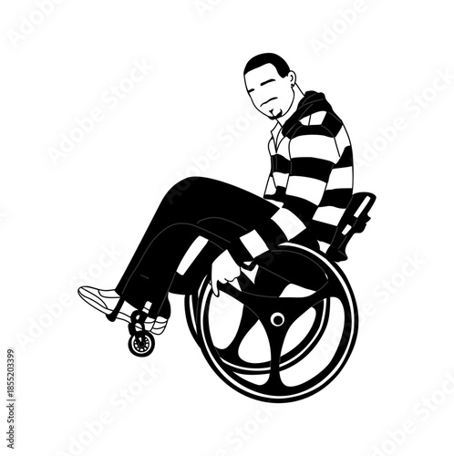Person in a wheelchair shown in side view with clean graphic lines and modern style. Minimalist black line vector illustration isolated on transparent background