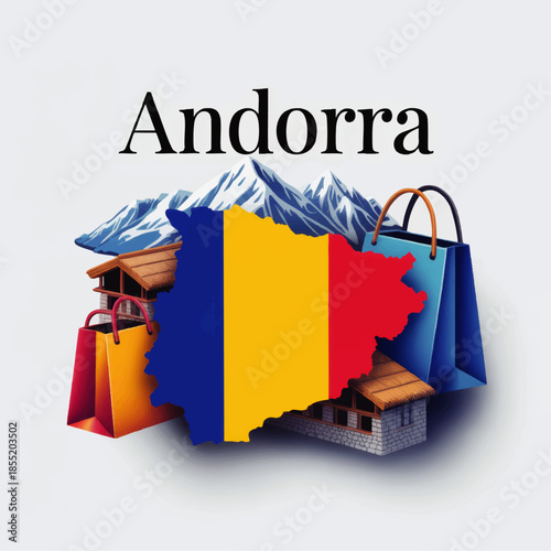Andorra travel shopping illustration with flag map, Pyrenees mountains and traditional houses for tourism and retail design