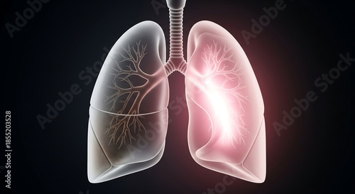 Human lungs with trachea, bronchi and bronchioles, healthy and inflamed, medical illustration