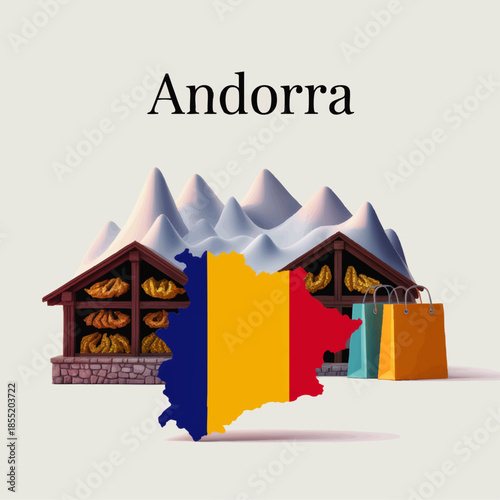 Andorra travel illustration with Pyrenees mountains, map flag silhouette, traditional food stalls and colorful shopping bags tourism concept