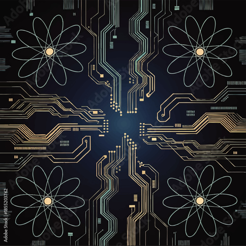Quantum technology circuit board background with atom symbols, futuristic neon microchip lines, abstract science tech illustration