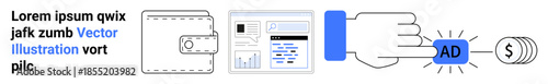 Digital payments, online advertising, marketing budget, transaction processing, fintech services, data analytics. Wallet, analytics dashboard hand tapping ad button with dollar icon. Digital