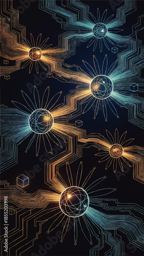 Futuristic quantum network connections with glowing data spheres and circuit lines on dark abstract technology background