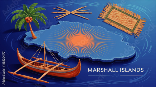 Marshall Islands cultural illustration with traditional outrigger canoe, palm tree, woven mat and map on blue tropical ocean background
