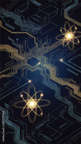 Quantum computing circuit board with glowing atomic particles and futuristic blue gold technology grid on dark background