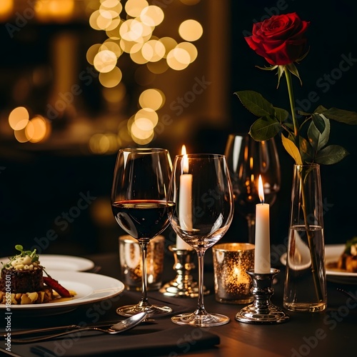 Romantic dinner setting with wine glasses candles and delicious food