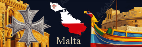 Colorful Malta travel illustration with Maltese cross, traditional luzzu boat, historic limestone architecture and island map on dark background