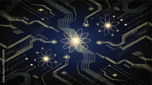 Quantum computing circuit board background with glowing atom cores and futuristic nano technology connections on dark blue tech grid
