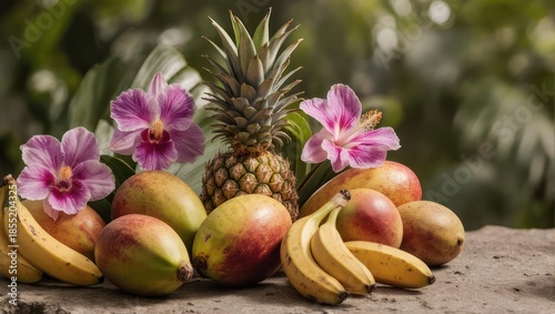 Tropical Fruit and Orchid Arrangement on a Rustic Table.