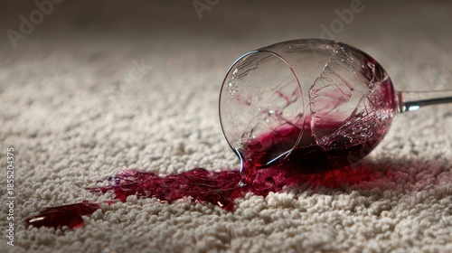 A shattered wine glass spilling red liquid onto a beige carpet symbolizes domestic accidents, loss of control, and everyday mishaps.
