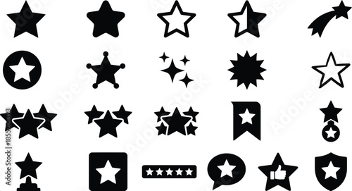 Set of black star silhouette icons. Vector various star shapes including shooting star, badge, and rating symbols for design.