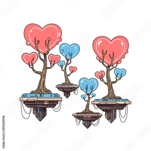 Colorful heart-shaped trees on floating industrial platforms  