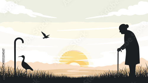 Silhouetted sunset scene with elderly figure and birds symbolizing reflection, nature, and peaceful passage of timeSilhouetted sunset scene with elderly figure and birds symbolizing 