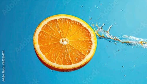 Orange Slice in Water Splash on Blue Background