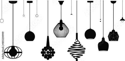 Stylized black and white silhouettes of hanging pendant lights showcasing modern interior design and decorative lighting concepts