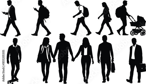 Urban silhouettes of diverse people walking, skating, and interacting in public spaces with modern lifestyle and movement themes