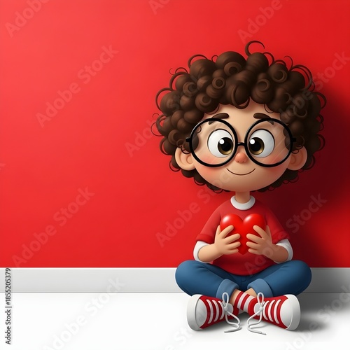 Cute cartoon boy with curly hair wearing glasses and holding a heart