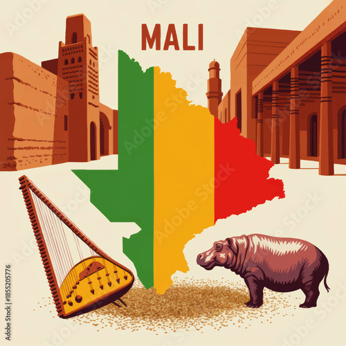 Mali travel illustration with flag map, Timbuktu desert architecture, kora harp and hippopotamus, African culture tourism poster art