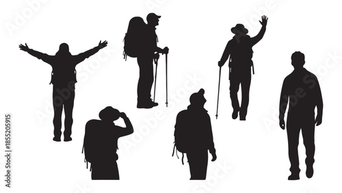 Silhouettes of hikers in various poses