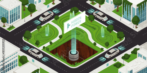 Futuristic smart city park with autonomous electric cars and underground hidden clean energy power source, isometric illustration